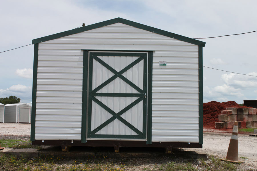 Storage sheds on display at the West Volusia Shed Co. yard in DeLand, FL