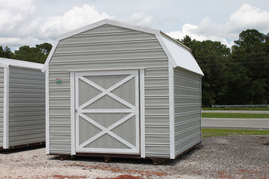 Tan barn-style high-loft aluminum shed